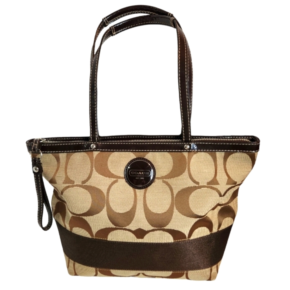 EUC COACH SIGNATURE LOGO SHOULDER BAG TAN w/BROWN No.B1160-…